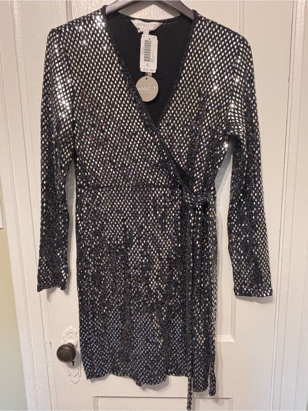NWT APRICOT Black Sequin Wrap Dress with Long Sleeves